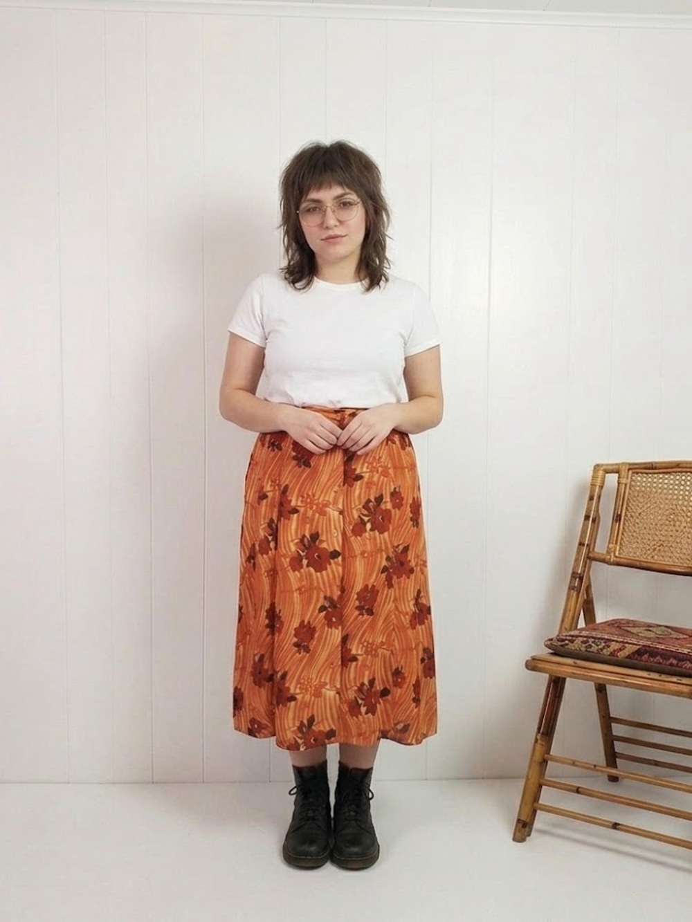 Vintage Midi Skirt 1990s Orange Floral Long Flowy 90s Buttons Cottagecore Large